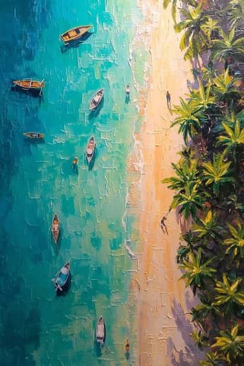 Pintura con espátula de una playa tropical vista desde arriba con botes y palmeras, obra del evento Pintando con Espátula