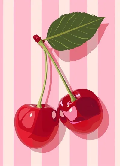 Pintura pop de dos cerezas rojas con hoja sobre fondo de rayas rosas, obra del evento Paint & Karaoke