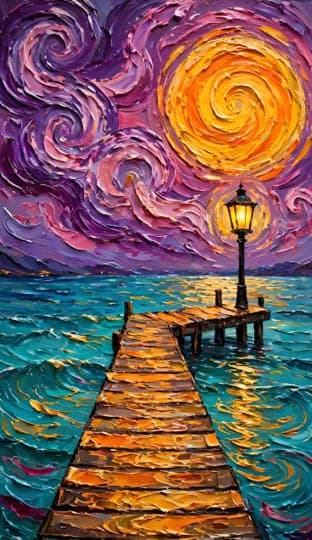 Pintura con textura de un muelle de madera hacia un mar turquesa bajo un cielo violeta con luna dorada, obra del evento Arte con Textura
