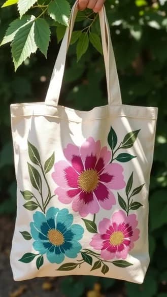 Tote bag de lona pintada con flores rosas, fucsias y turquesas, obra del evento Pinta tu Tote Bag